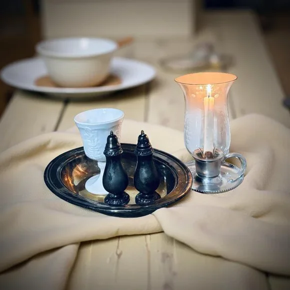 Grandmillennial Tabletop Decor Set – Silverplate & Milk Glass Vignette - Picture 7 of 8